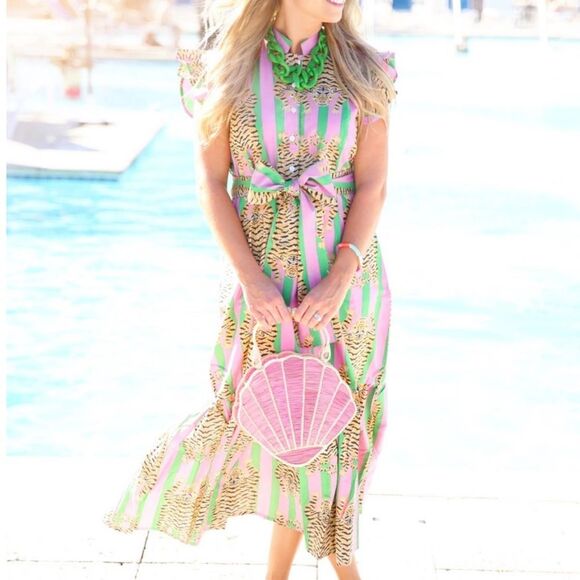 Darlington Isle Lola Tiger BlockPrint Stripe Dress Size S Pink Green - Picture 1 of 9
